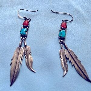 Navajo Sterling silver feathers earrings with turquoise and Coral